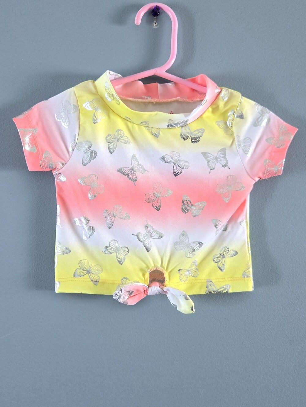Girls' Tie-Front Butterfly Print Crop Top - Pink & Yellow 24m